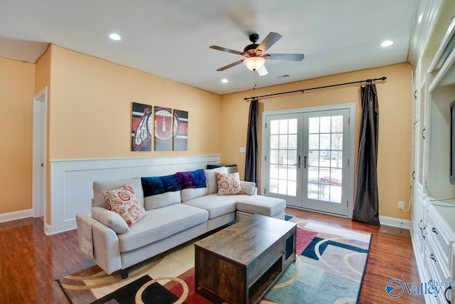 living room featuring recessed lighting, french doors, and wood finished floors