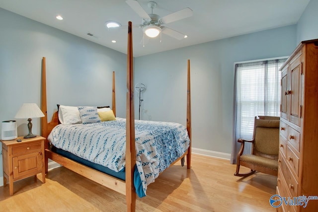 bedroom with visible vents, baseboards, ceiling fan, light wood-type flooring, and recessed lighting