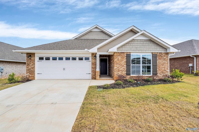 view of front facade featuring a garage, concrete driveway, brick siding, and a front yard