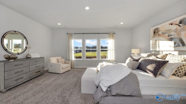 bedroom with light colored carpet