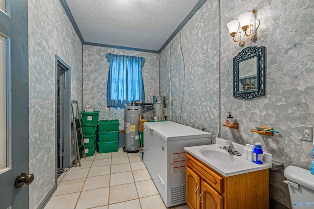 bathroom with water heater, toilet, tile patterned floors, vanity, and ornamental molding