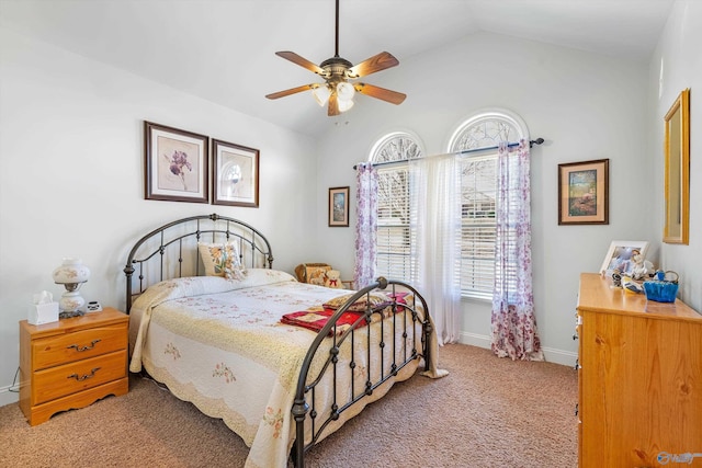 bedroom with a ceiling fan, lofted ceiling, light colored carpet, and baseboards