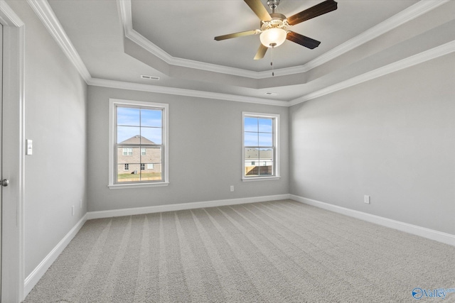 empty room featuring ornamental molding, a healthy amount of sunlight, and a tray ceiling