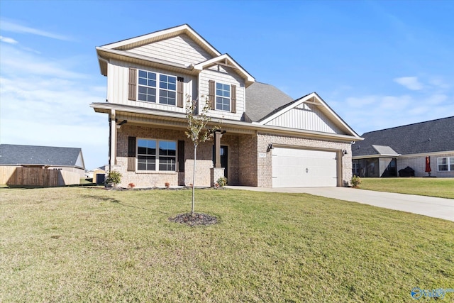 craftsman-style house featuring a garage, a front yard, and central AC unit