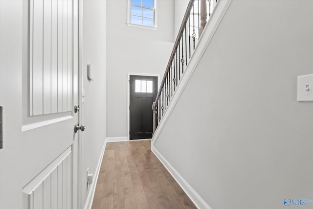 entryway featuring hardwood / wood-style floors, a healthy amount of sunlight, and a high ceiling