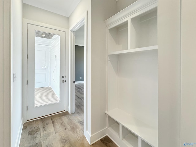 mudroom with light hardwood / wood-style floors