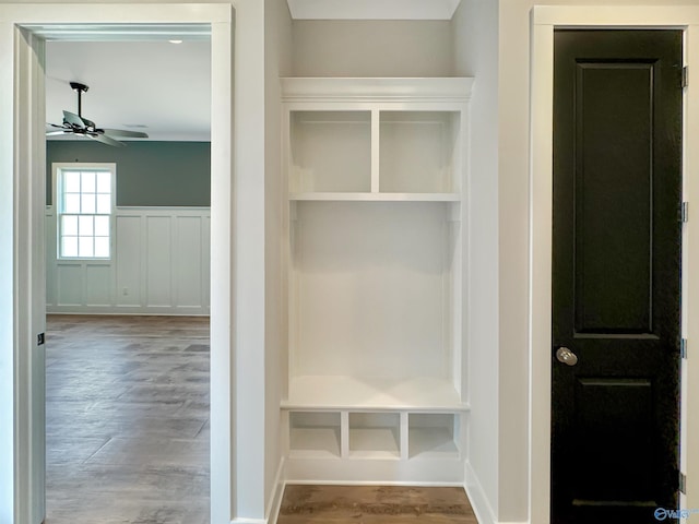 mudroom with hardwood / wood-style flooring and ceiling fan