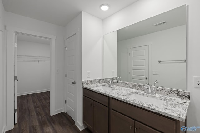 bathroom with hardwood / wood-style flooring and vanity