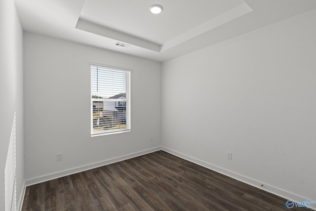 empty room featuring a tray ceiling and dark wood-type flooring