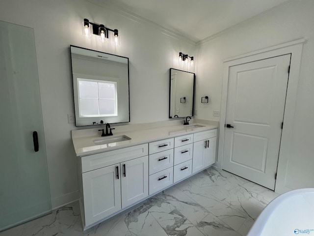 bathroom with ornamental molding, vanity, and a tub