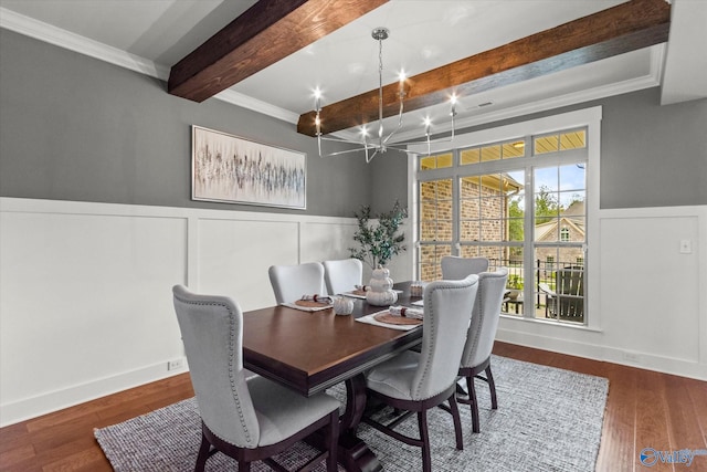 68 Natures Ridge Way, Huntsville, AL 35803 - dining room featuring beam ceiling, a chandelier, a wainscoted wall, crown molding, and wood finished floors