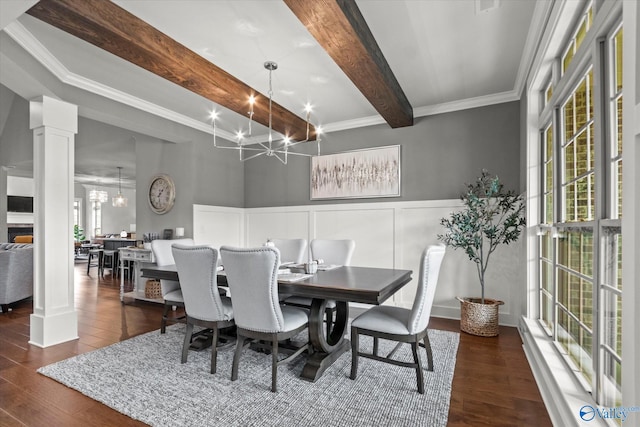 68 Natures Ridge Way, Huntsville, AL 35803 - dining space featuring ornate columns, beam ceiling, a chandelier, dark wood-style flooring, and ornamental molding