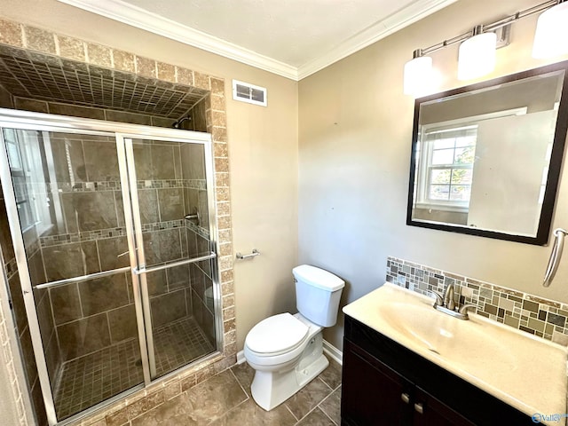 bathroom featuring decorative backsplash, toilet, walk in shower, vanity, and ornamental molding