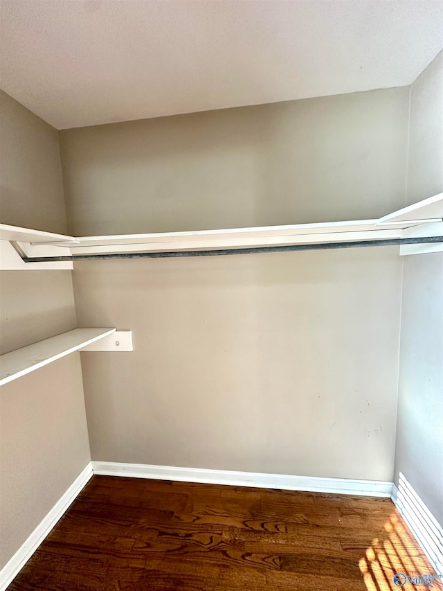 walk in closet with dark wood-type flooring