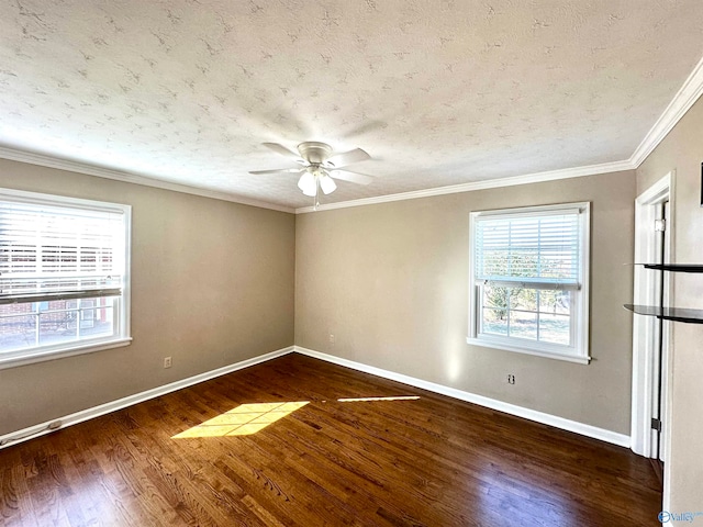 unfurnished room featuring crown molding, a textured ceiling, dark hardwood / wood-style flooring, and ceiling fan