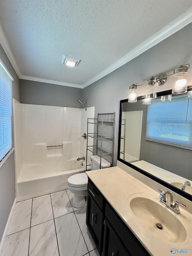 full bath with toilet, ornamental molding, a textured ceiling, and shower / bath combination