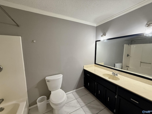 bathroom with vanity, a textured ceiling, toilet, washtub / shower combination, and ornamental molding