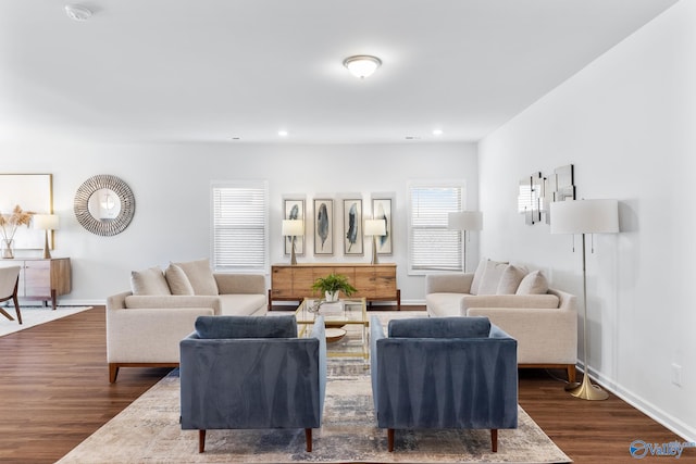 living room featuring dark wood-type flooring