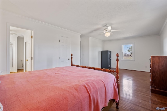 bedroom with a ceiling fan, wood finished floors, and crown molding