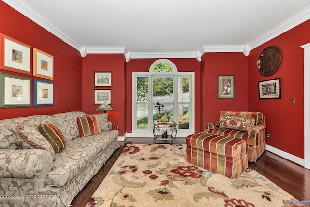 living room with dark wood-type flooring, ornamental molding, and a textured ceiling