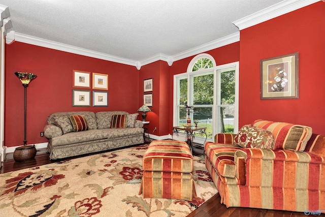 living room featuring ornamental molding, hardwood / wood-style floors, and a textured ceiling