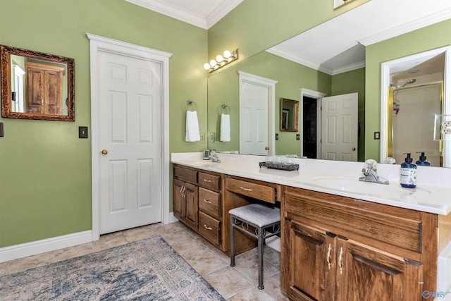 bathroom with ornamental molding, a shower with door, and vanity