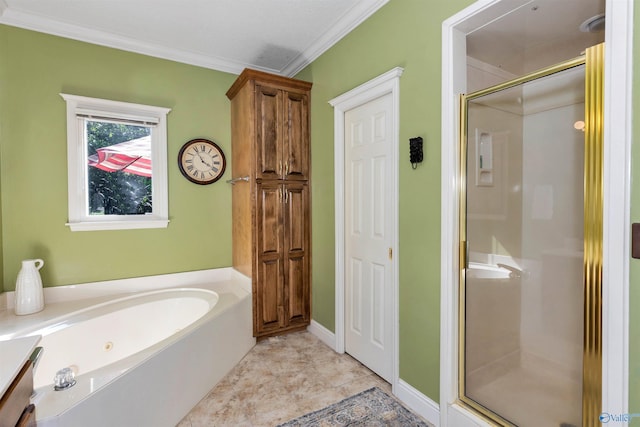 bathroom featuring ornamental molding and plus walk in shower