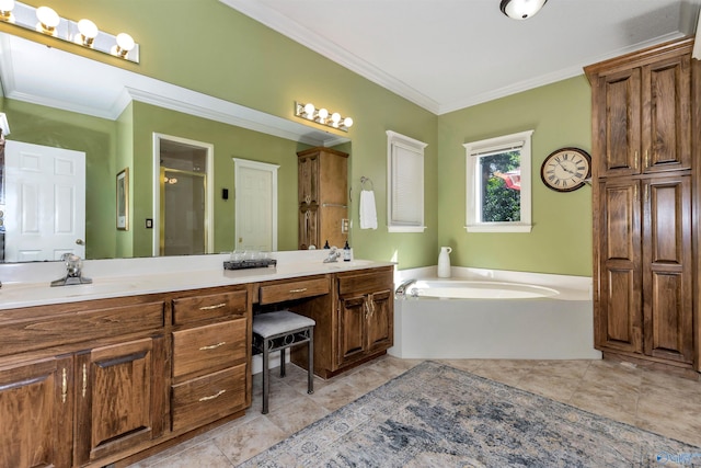 bathroom featuring crown molding, vanity, and plus walk in shower