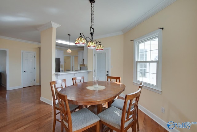 dining room with crown molding, wood finished floors, and baseboards