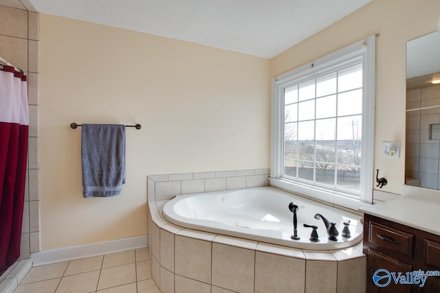 full bathroom featuring baseboards, a shower with shower curtain, tile patterned floors, a tub with jets, and vanity