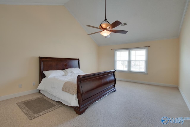 carpeted bedroom with baseboards, visible vents, lofted ceiling, ceiling fan, and ornamental molding