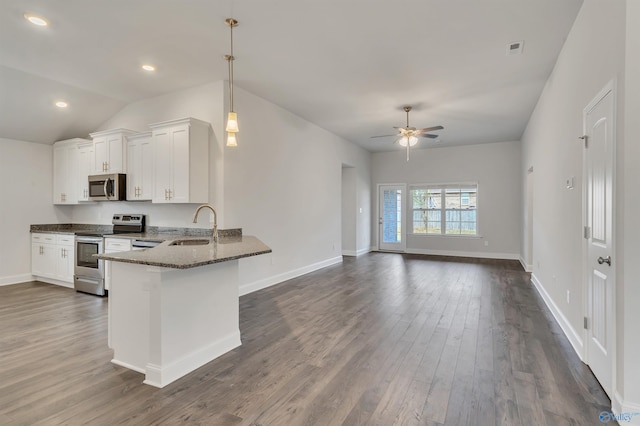 kitchen featuring white cabinetry, stainless steel appliances, kitchen peninsula, and sink