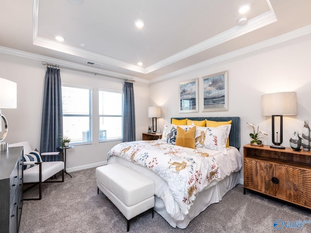 carpeted bedroom featuring recessed lighting, visible vents, crown molding, and a raised ceiling