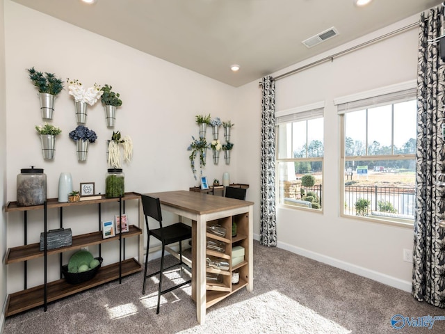 office area with a healthy amount of sunlight, visible vents, baseboards, and carpet floors