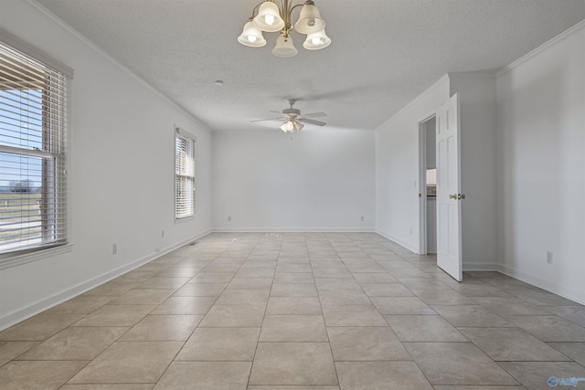 spare room featuring light tile patterned floors, baseboards, ornamental molding, a textured ceiling, and ceiling fan with notable chandelier