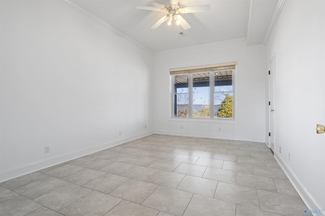 empty room featuring light tile patterned floors, baseboards, crown molding, and ceiling fan