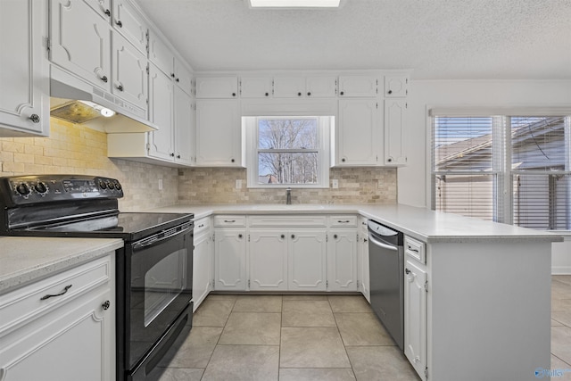 kitchen with under cabinet range hood, a peninsula, stainless steel dishwasher, black / electric stove, and a sink