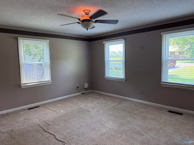 empty room with carpet flooring, ceiling fan, and a textured ceiling