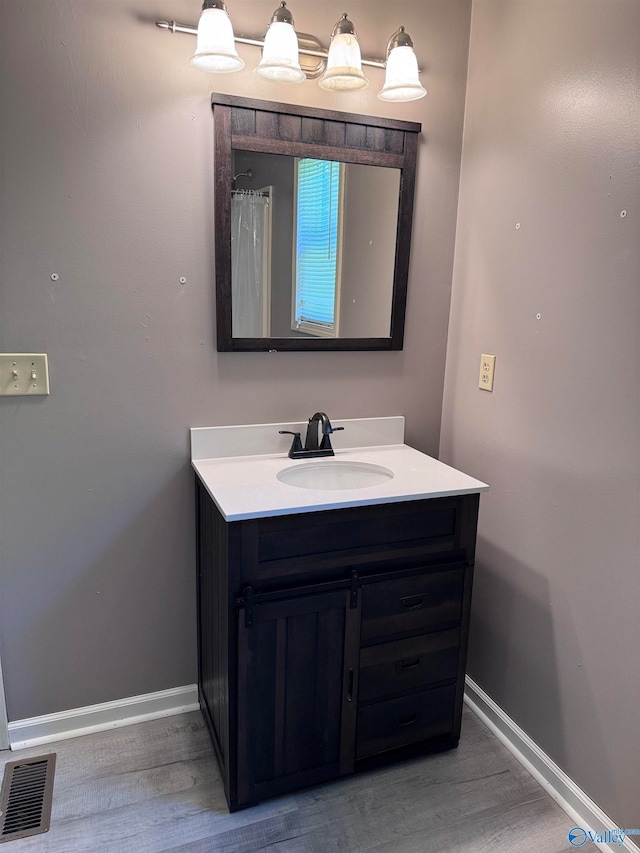 bathroom with hardwood / wood-style flooring and vanity