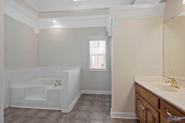 full bath with tile patterned flooring, vanity, baseboards, and a bath