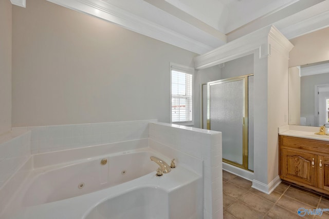 full bath with a stall shower, a jetted tub, vanity, and tile patterned floors