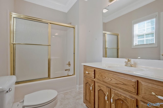 full bathroom with toilet, bath / shower combo with glass door, vanity, baseboards, and ornamental molding