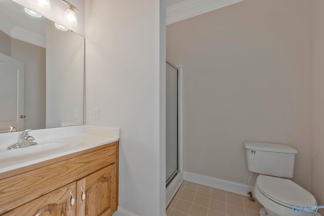 bathroom featuring ornamental molding, a stall shower, vanity, and toilet