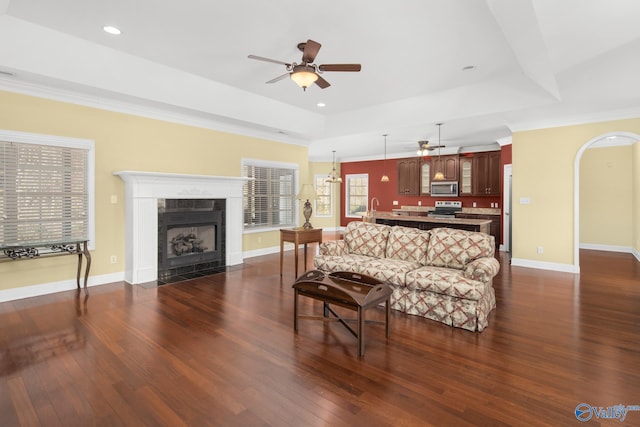 living room with sink, crown molding, dark hardwood / wood-style flooring, and a fireplace