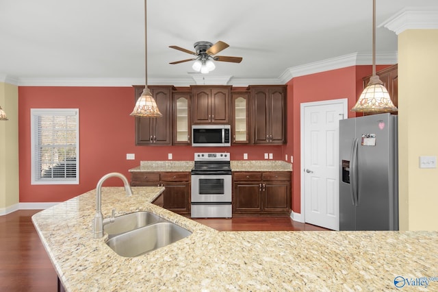 kitchen with appliances with stainless steel finishes, dark hardwood / wood-style flooring, crown molding, sink, and decorative light fixtures