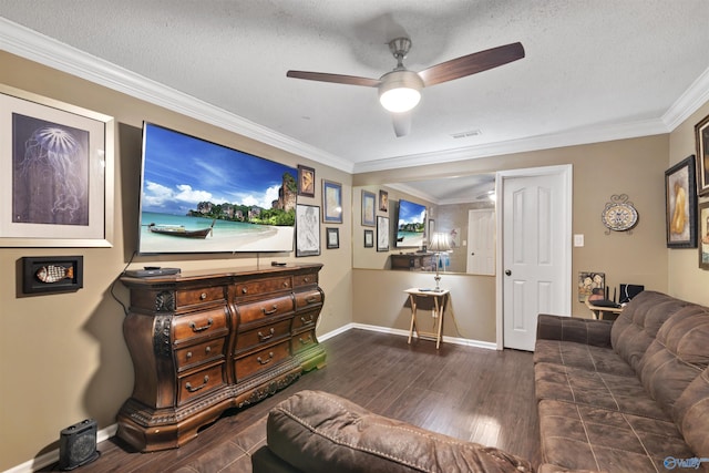 living area featuring a ceiling fan, a textured ceiling, wood finished floors, and ornamental molding