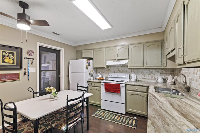 kitchen with visible vents, a sink, under cabinet range hood, backsplash, and white appliances