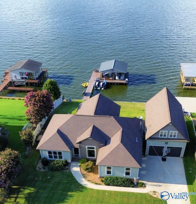 aerial view featuring a water view