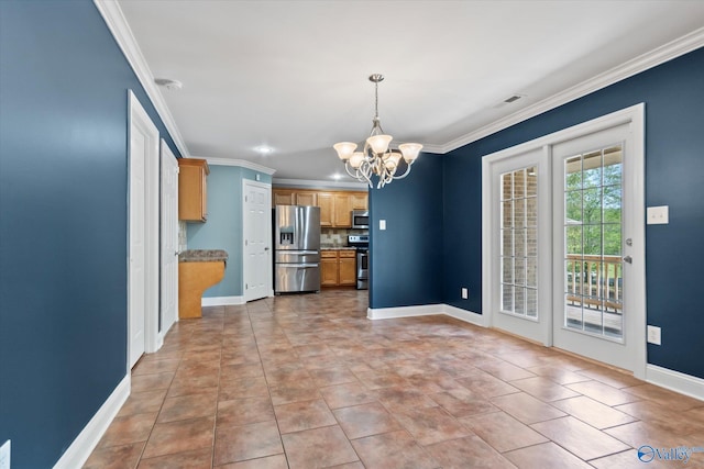 16968 Bellewood Dr, Athens, AL 35613 - kitchen featuring light tile patterned floors, baseboards, an inviting chandelier, ornamental molding, and appliances with stainless steel finishes