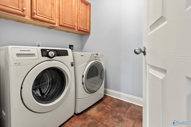 16968 Bellewood Dr, Athens, AL 35613 - laundry room with cabinet space, dark tile patterned flooring, washer and clothes dryer, and baseboards